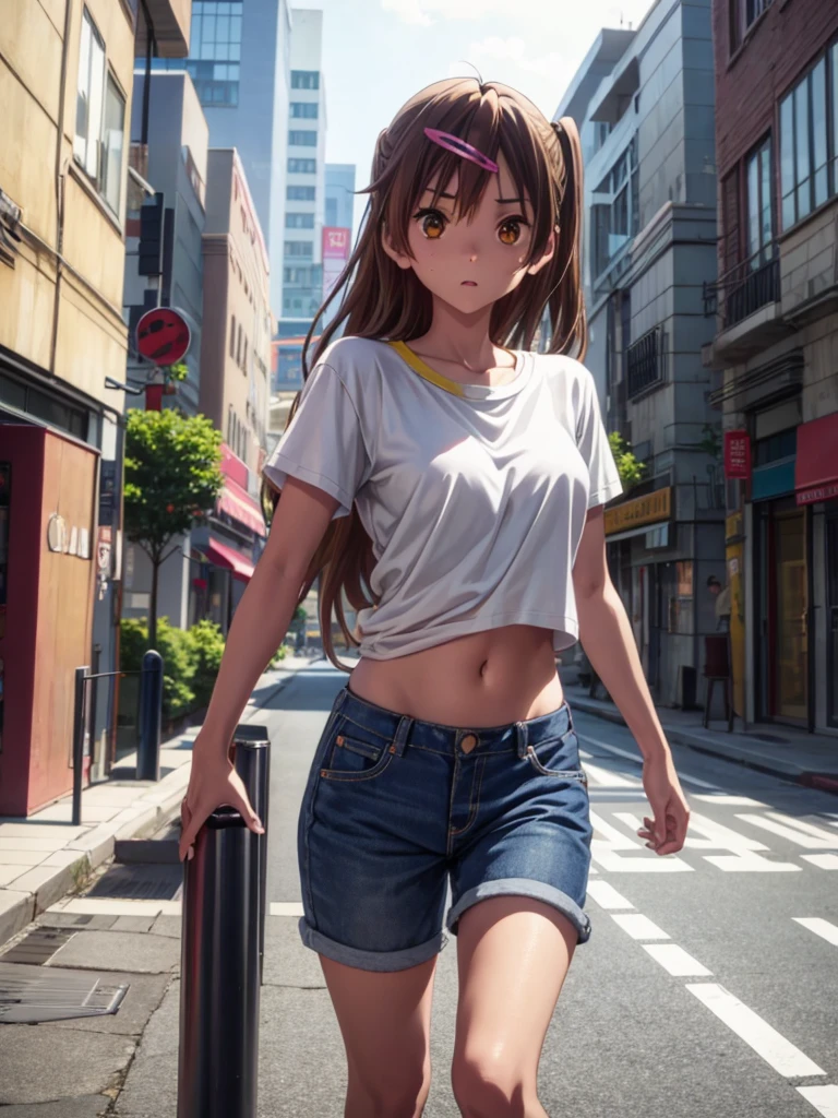 Girl, 16 years old, slim t-shirt, short, navel shown, street background
