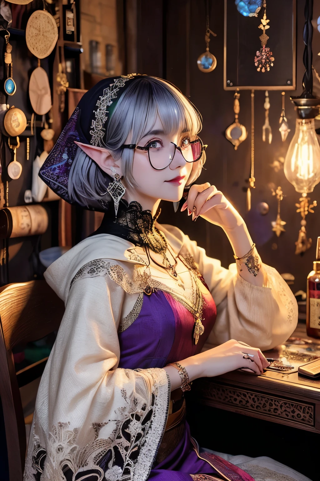 (Ultra-detailed face, smiles smugly), (Fantasy Illustration with Gothic & Ukiyo-e & Comic Art), (A middle-aged dark elf woman with silver hair, blunt bangs, very long disheveled hair, and dark purple skin, lavender eyes), (She is wearing an orange sari with a geometric, Victorian, sequined, embroidered, lace and gauze hood. She wears one pair of glasses, earrings, necklace, and ring made of gems and precious metals), BREAK (She sits in a gothic wooden chair, one hand touching one of the glasses, pointing to the medicine bottles on the desk), BREAK (On a wooden desk is a collection of medicine bottles, herbs, and magical objects, and on the wall hangs a tapestry with constellations of stars)