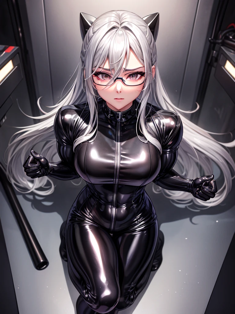 Highest quality 8K UHD、A muscular silver-haired beauty wearing glasses and a black metallic latex sweatsuit poses with her legs open.、Black metallic latex wetsuit with hidden skin