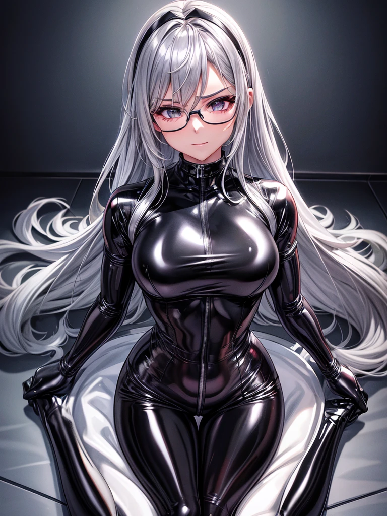 Highest quality 8K UHD、A muscular silver-haired beauty wearing glasses and a black metallic latex sweatsuit poses with her legs open.、Black metallic latex wetsuit with hidden skin