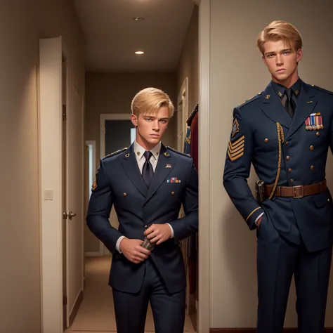 A handsome blond 17-year-old looks at the Navy SEAL's dress uniform with awards, which hangs on a suit hanger on the floor, and ...