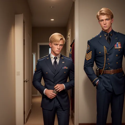 a handsome blond 17-year-old looks at the navy seal's dress uniform with awards, which hangs on a suit hanger on the floor, and ...