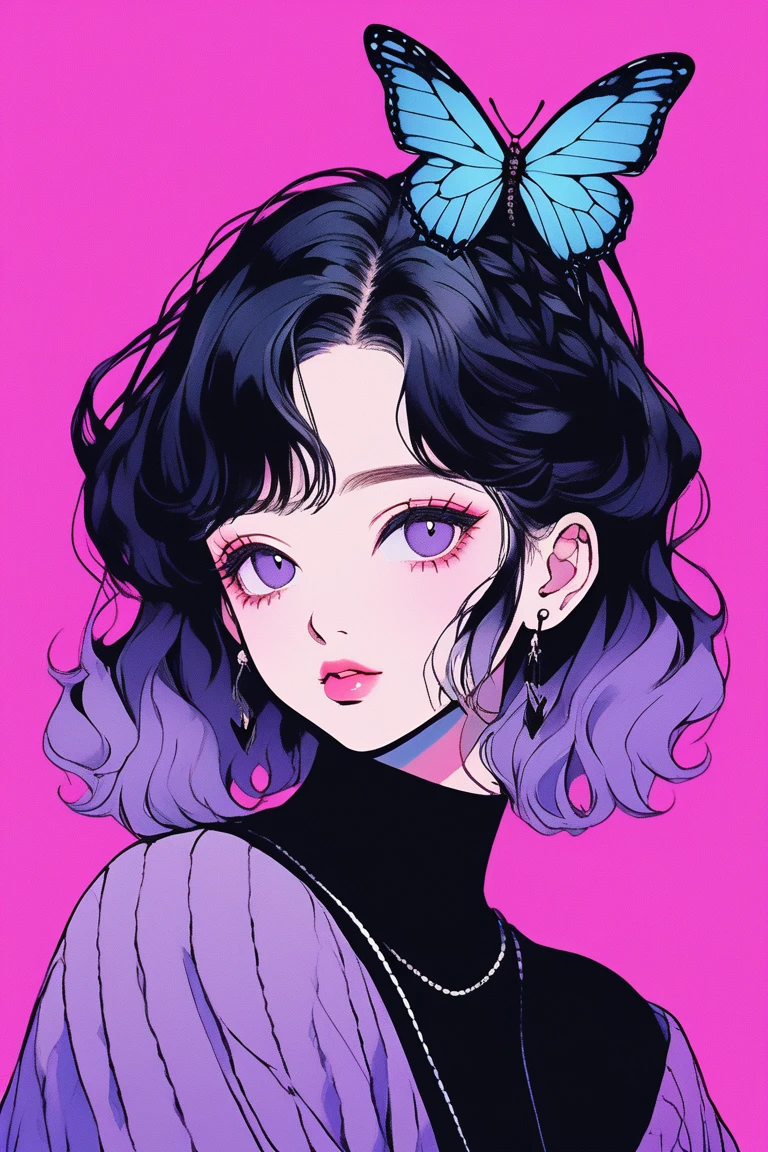 (Highest quality, sketch:1.2),Realistic,Illustrator,anime,1 Girl, Detailed lips,sweater,custom,Pink gradient background,Neon Hair,Texture Cropping,masterpiece, Style: Retro Classic, Dark Black、Braid、Under the Moon、black and purple hair、Beautiful Book、Blue butterfly hair ornament