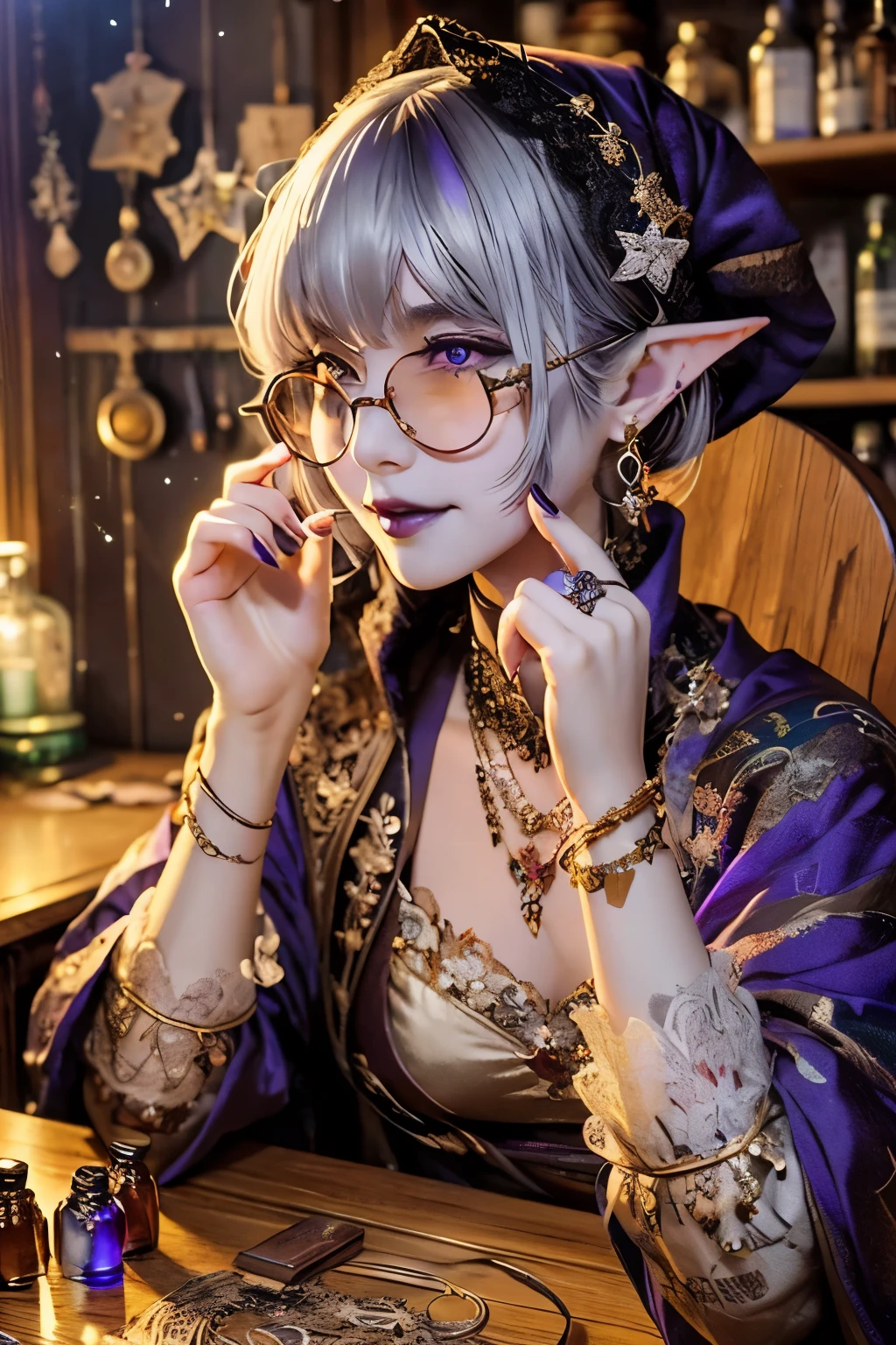 (Ultra-detailed face, smiles smugly), (Fantasy Illustration with Gothic & Ukiyo-e & Comic Art), (A middle-aged dark elf woman with silver hair, blunt bangs, very long disheveled hair, and dark purple skin, lavender eyes), (She is wearing an orange sari with a geometric, Victorian, sequined, embroidered, lace and gauze hood. She wears one pair of glasses, earrings, necklace, and ring made of gems and precious metals), BREAK (She sits in a gothic wooden chair, one hand touching one of the glasses, pointing to the medicine bottles on the desk), BREAK (On a wooden desk is a collection of medicine bottles, herbs, and magical objects, and on the wall hangs a tapestry with constellations of stars)