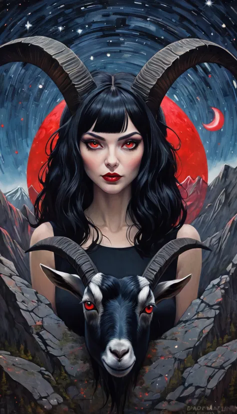 1 big black satanic goat with red eyes and 1 sexy girl with black hair, dark mountain, sinister, stars, background, art inspired...