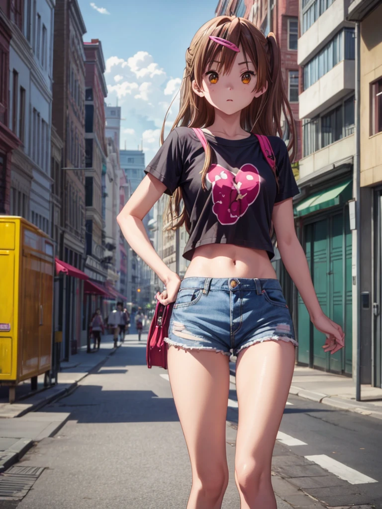 Girl, 16 years old, slim tight t-shirt, short tight short, navel shown, street background, openlegs 
