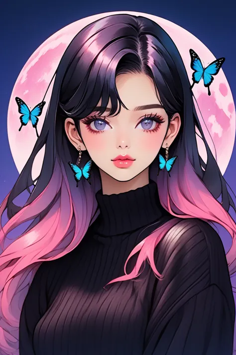 (Highest quality, sketch:1.2),Realistic,Illustrator,anime,1 Girl, Detailed lips,sweater,custom,Pink gradient background,Neon Hai...