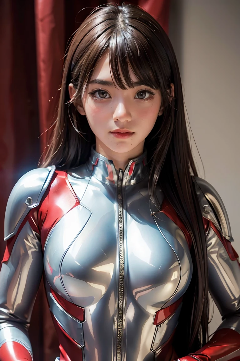 ultraman、realistic、realistic、movie light, Young woman in a shiny red and silver suit、15 years、professional photos、wear&#39;Don&#39;t expose your skin., Japanese model, Japanese CGI、ultraman Suit、, Power Rangers set、Tight and thin cyber suit,Has rubber all over.、there&#39;s pink there、 delicate body, big breasts、small ass、thin thighs、Thin arms、Thin waist、camel toe、Both sides of the cybersuit cling to the skin.、Big eyes、black short hair、Facing the front、Facing the front立っている、A glowing sphere is embedded in the chest..、essay exam、 blue sky background