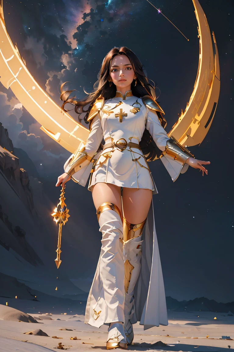 ((masterpiece, best quality, extremely detailed), volumetric lighting, ambient occlusion, colorful, glowing), 1girl, solo, young girl, (dark hair), long hair, halo, aura, sacred, goddess, cleric suit, (white outfit with gold detailst:1.3), armor, outdoors, sunset, sky, clouds, space, (fantasy theme:1.2), full body armor