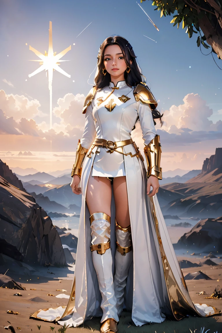 ((masterpiece, best quality, extremely detailed), volumetric lighting, ambient occlusion, colorful, glowing), 1girl, solo, young girl, (dark hair), long hair, halo, aura, sacred, goddess, cleric suit, (white outfit with gold detailst:1.3), armor, outdoors, sunset, sky, clouds, space, (fantasy theme:1.2), full body armor