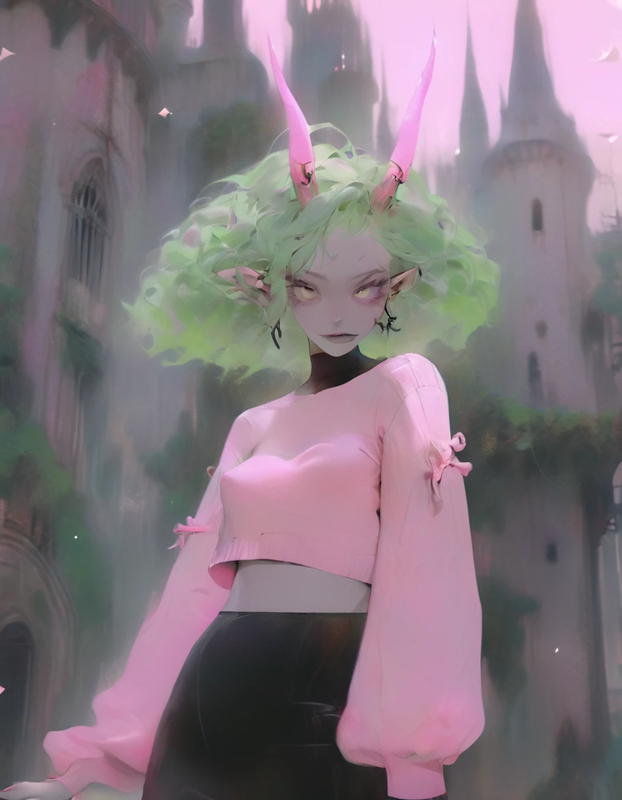 albino demon girl standing with ( green curls hair:1.3) , walking through pink rose bushes and castle in the distance, pink turtleneck sweater with (tulle skirt:1.2), braces, chewing gum , winking ,(long intricate horns:1.2) sneakers with socks,