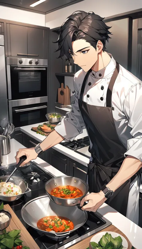 "A handsome young man with black hair, dressed in a professional chef's outfit, is standing in a modern kitchen. He is focused a...