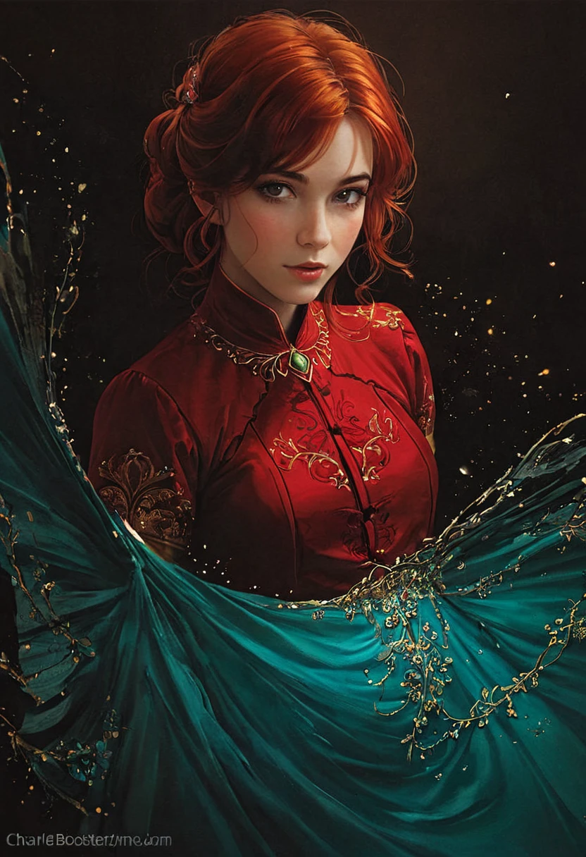 Charlie Bowater&#39;s realistic lithograph portrait of a woman, Flowers, [gear], pipe, Dieselpunk, Multicolored ribbons, Old paper texture, Very detailed