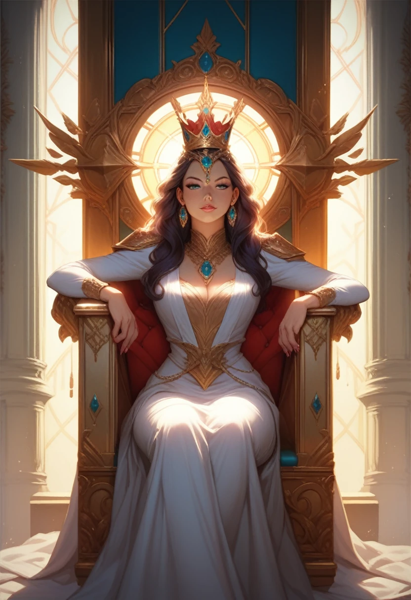 A Queen sitting on the throne, European, detailed face, dramatic lighting, cinematic angle, photorealistic, 8k, high resolution, hyper detailed, masterpiece,refiner: woman face,light beams