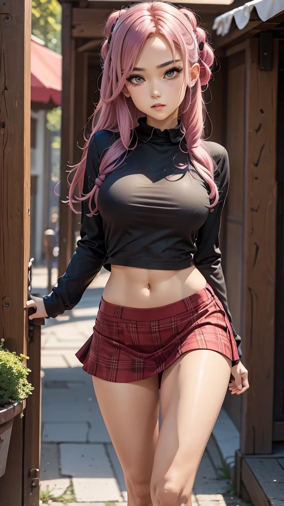 masterpiece, best quality, highres, absurdres, 1girl, crowd, skirt, pink hair, gasai yuno, from below, revealing clothes, skindentation, outdoors, sunlight, street, looking at viewer, blush,