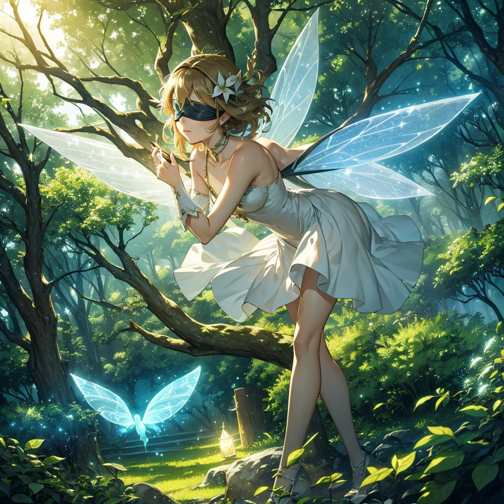 masterpiece, 1 Fairy, Flying fairy girl, Perfect Face, Light, Glass Tree Forest, Dramatic lighting,  Blindfold, Super detailed, floating glow Lights, Depth of written boundary, (Shining Dust)