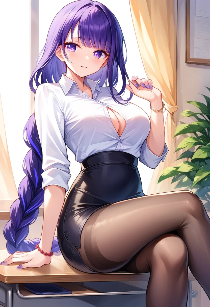 raiden shogun, 1girl, solo, long hair, breasts, looking at viewer, blush, smile, bangs, skirt, large breasts, shirt, long sleeves, jewelry, sitting, closed mouth, purple eyes, white shirt, purple hair, braid, pantyhose, thighs, parted lips, alternate costume, collared shirt, indoors, hand up, black skirt, nail polish, mole, bracelet, black pantyhose, mole under eye, window, dress shirt, single braid, feet out of frame, crossed legs, curtains, desk, sleeves rolled up, pencil skirt, backlighting, beads, thighband pantyhose, high-waist skirt, brown pantyhose, braided ponytail, contemporary, purple nails, shirt tucked in, classroom, office lady, partially unbuttoned, on desk, button gap, sitting on desk