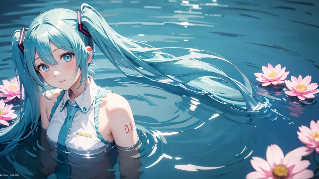 Hatsune Miku。Ao fundo há uma superfície de água calma.、Flores iluminadas pelo sol da manhã々está se espalhando、Seu cabelo azul claro é macio e brilhante.。