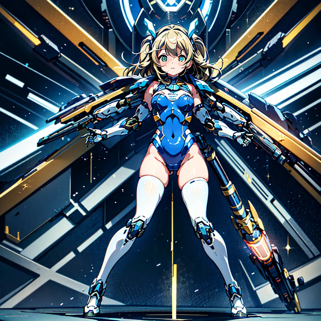 masterpiece, high quality, Cyborgization、Destroyed gynoid cyborg body、The face is of Minami Kotori.、mechanical parts、Blue and white leotard armor、solo focus、Single image、from front, full body、Mechabare、damage、The body is destroyed, exposing the precision machinery、Barcode on thigh