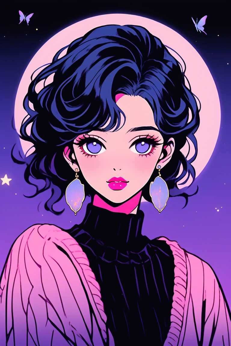 (Highest quality, sketch:1.2),Realistic,Illustrator,anime,1 Girl, Detailed lips,sweater,custom,Pink gradient background,Neon Hair,Texture Cropping,masterpiece, Style: Retro Classic, Dark Black、Braid、Under the Moon、black and purple hair、Beautiful Book、Blue butterfly hair ornament