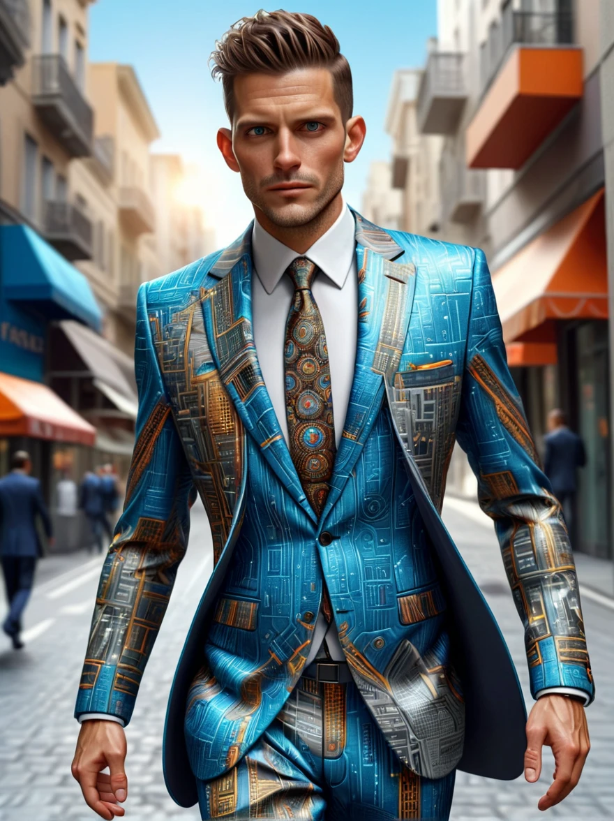 Man in crazy traveling business suit walking through the city(masterpiece:1.2), best quality, (Ultra Detailed, The most detailed:1.2), High-resolution textures