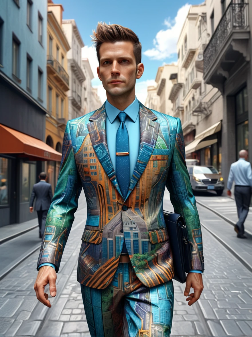 Man in crazy traveling business suit walking through the city(masterpiece:1.2), best quality, (Ultra Detailed, The most detailed:1.2), High-resolution textures