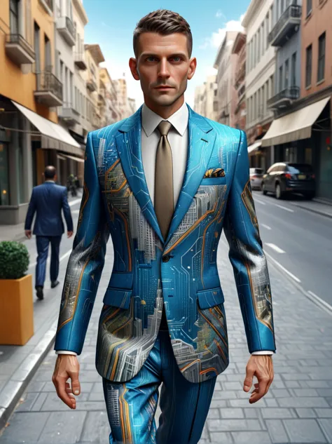 Man in crazy traveling business suit walking through the city(masterpiece:1.2), best quality, (Ultra Detailed, The most detailed...