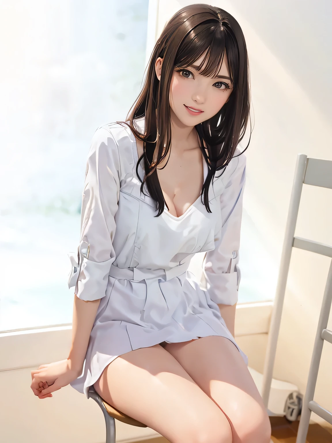 raw photo, 1girl, cute face, beautiful face, medium breast, White blouse, light smile, detailed skin, simple background, Above the knee, sit on a chair, Seductive pose, photorealistic, masterpiece, best quality, anatomically correct, UHD