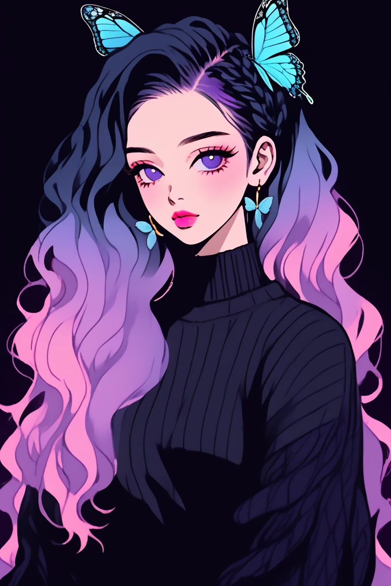 (Highest quality, sketch:1.2),Realistic,Illustrator,anime,1 Girl, Detailed lips,sweater,custom,Pink gradient background,Neon Hair,Texture Cropping,masterpiece, Style: Retro Classic, Dark Black、Braid、Under the Moon、black and purple hair、Beautiful Book、Blue butterfly hair ornament、Upstyle Hair、Hair is a night 