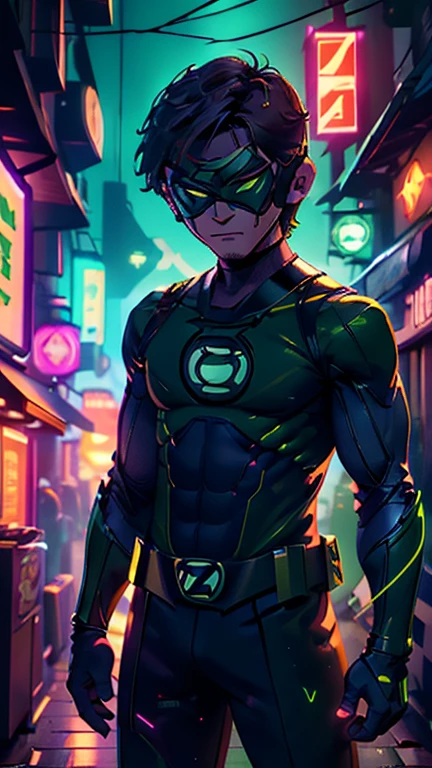 best quality,masterpiece,1boy,solo,(((13years old))),japanese boy,an extremely cute and handsome boy,highly detailed beautiful face and eyes,petit,cute face,lovely face,baby face,shy smile,show teeth, Brown hair,Short hair,flat chest,skinny,slender,(((wearing a Green Lantern costume,green hero mask style))),(((standing in Dark Midnight Neon Glow light Cyberpunk metropolis city))),he is looking at the viewer,