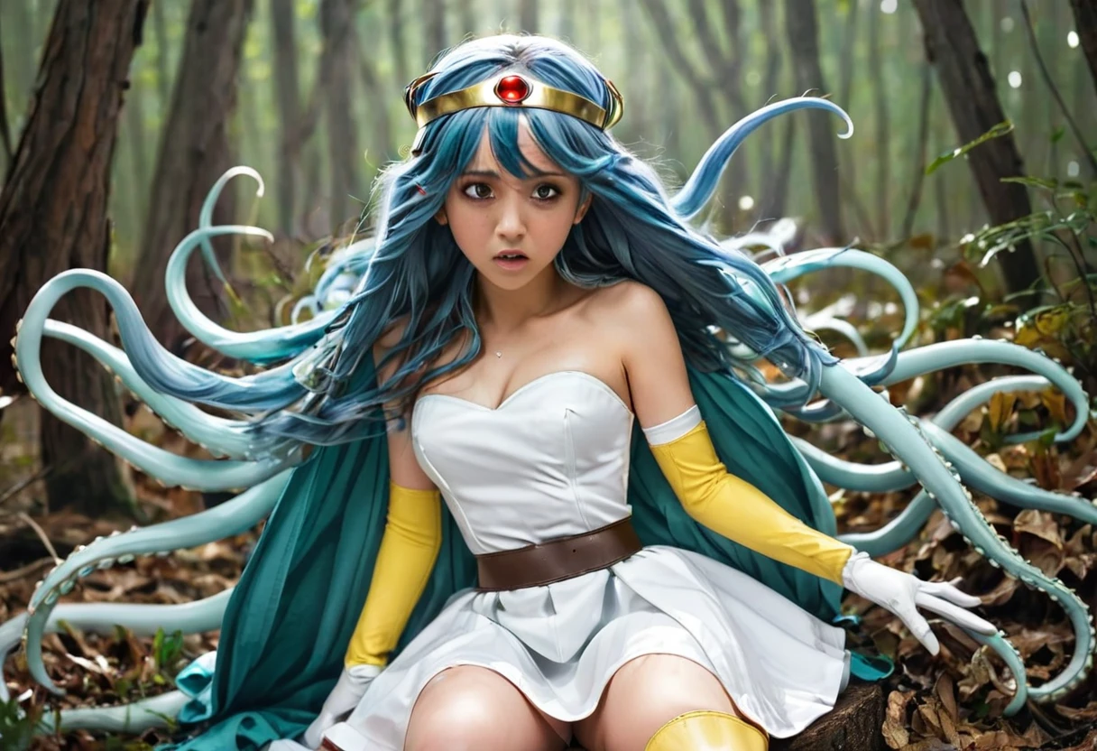 (best quality), (masterpiece), high res, all detailed, DQSage, long blue hair, red eyes, circlet, [aqua cape], white dress, strapless, belt, elbow gloves, yellow gloves, yellow boots, medium cleavage, (white underwear, panties aside, torn clothes:1.2), BREAK (NSFW), solo, 1girl, (sitting, knees to chest), arms behind head, (tentacles sex, vaginal, extend tentacles:1.15), (rape, extend tentacles, restrained:1.2), (one eye closed, crying, tears:1.2), drooling, saliva trail, sigh, blush, sweat, (forest, tentacle-pits), cinematic lighting, diffraction spikes,