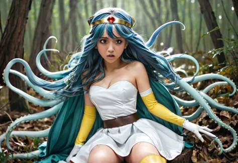 (best quality), (masterpiece), high res, all detailed, dqsage, long blue hair, red eyes, circlet, [aqua cape], white dress, stra...