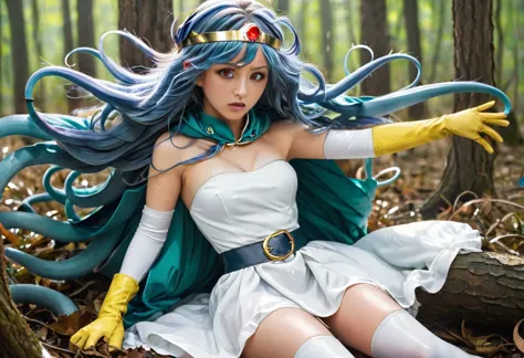 (best quality), (masterpiece), high res, all detailed, dqsage, long blue hair, red eyes, circlet, [aqua cape], white dress, stra...