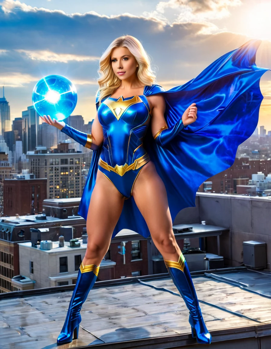 A blonde woman in a blue superhero costume, holding a glowing orb, standing on a rooftop with a cityscape in the background.