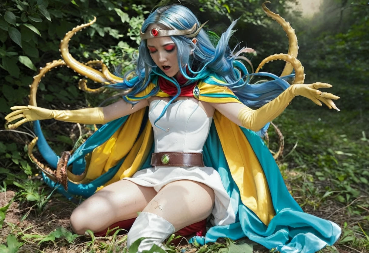 (best quality), (masterpiece), high res, all detailed, DQSage, long blue hair, red eyes, circlet, [aqua cape], white dress, strapless, belt, elbow gloves, yellow gloves, yellow boots, medium cleavage, (white underwear, panties aside, torn clothes:1.2), BREAK (NSFW), solo, 1girl, (sitting, knees to chest), arms behind head, (tentacles sex, vaginal, extend tentacles:1.15), (rape, extend tentacles, restrained:1.2), (one eye closed, crying, tears:1.2), drooling, saliva trail, sigh, blush, sweat, (forest, tentacle-pits), cinematic lighting, diffraction spikes,