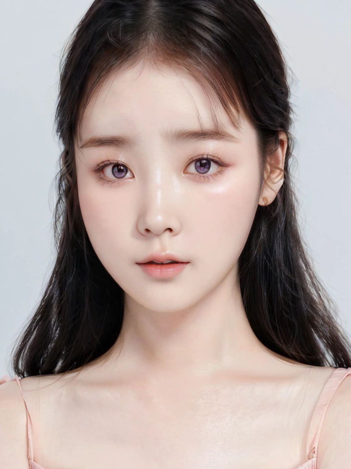 a close up of a woman with long hair wearing a pink dress, dilraba dilmurat, beautiful aesthetic face, young adorable korean face, korean face features, korean symmetrical face, yanjun chengt, beautiful south korean woman, beautiful delicate face, popular korean makeup, lovely delicate face, beautiful young korean woman, gorgeous young korean woman, pale round face