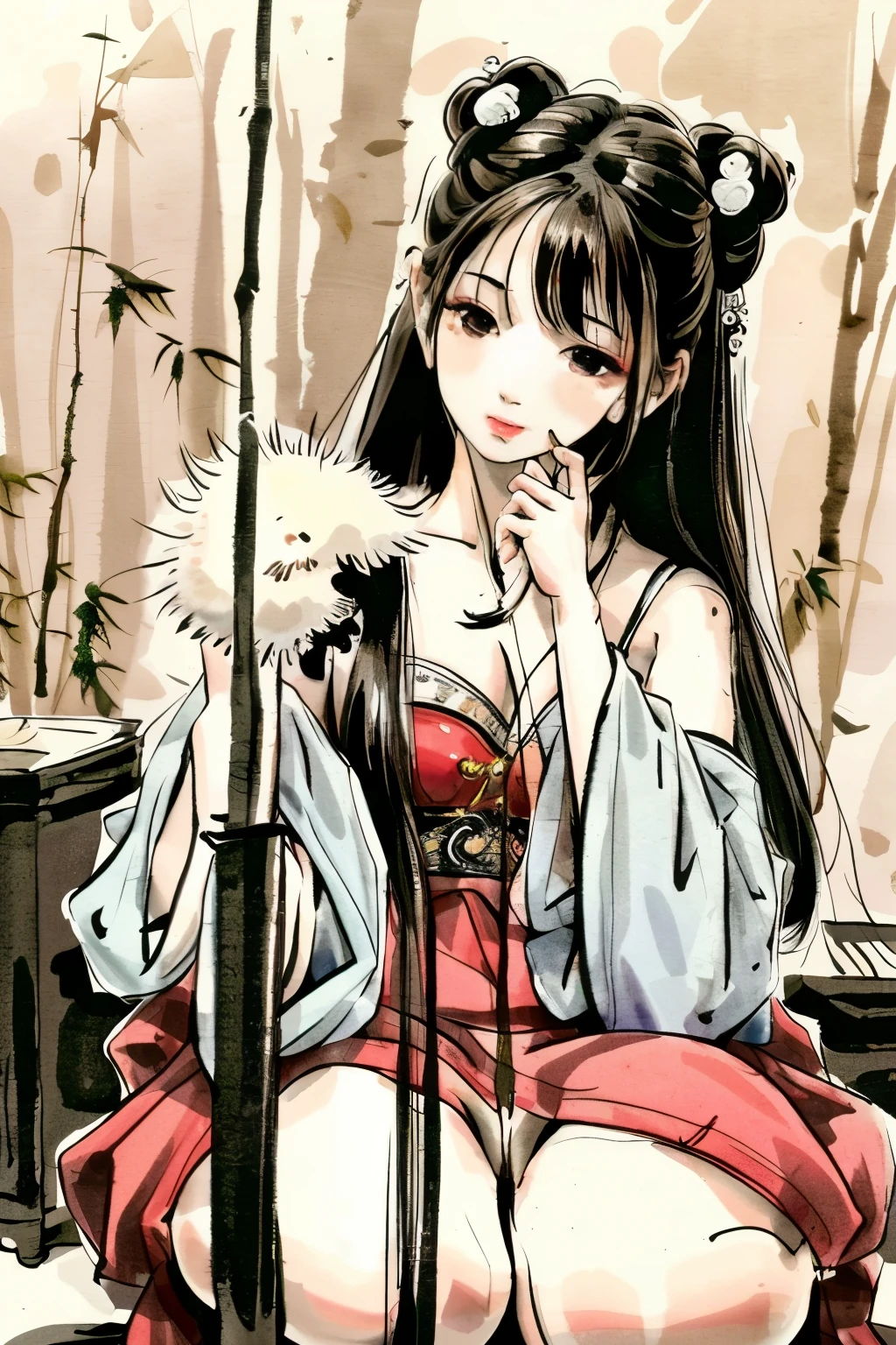 Ink Painting Girl,
High-quality detailing, masterpiece level,
1 girl, seated by a bamboo forest backdrop,
Traditional Chinese attire, with a loose cheongsam dress,
Bamboo patterns embellished on the dress,
Long black hair tied back in a simple bun,
Painted cheeks accentuating her youthful charm,
Pensive expression, gazing into the distance,
Natural-looking brushstrokes, capturing the essence of the bamboo forest,
Background vibrant with life, each bamboo stalk distinct and realistic,
Misty atmosphere, adding a sense of mystery and depth,
Rich, bold ink colors,