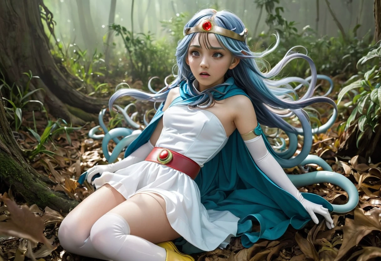 (best quality), (masterpiece), high res, all detailed, DQSage, long blue hair, red eyes, circlet, [aqua cape], white dress, strapless, belt, elbow gloves, yellow gloves, yellow boots, medium cleavage, (white underwear, panties aside, torn clothes:1.2), BREAK (NSFW), solo, 1girl, (sitting, knees to chest), arms behind head, (tentacles sex, vaginal, extend tentacles:1.15), (rape, extend tentacles, restrained:1.2), (one eye closed, crying, tears:1.2), drooling, saliva trail, sigh, blush, sweat, (forest, tentacle-pits), cinematic lighting, diffraction spikes,