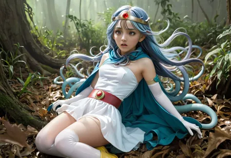 (best quality), (masterpiece), high res, all detailed, dqsage, long blue hair, red eyes, circlet, [aqua cape], white dress, stra...