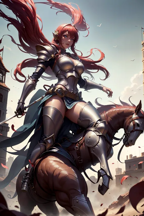 sexy swordsman knight woman riding on a horse on the battlefield