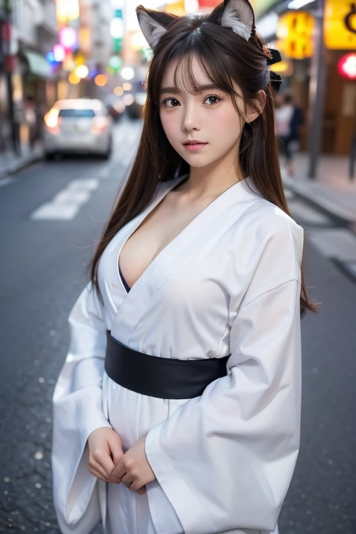 ((Highest quality、8K、masterpiece))、Sharp focus:1.2、(Fox ears))、Cute 10 year old girl with perfect figure:1.4、((Dark brown hair))、(White button closure)shirt、jeans:1.1)、street:1.2、Highly detailed face and skin texture、Fine grain、double eyelid、Shoulder、Close-up of a woman in a kimono posing for a photo、Goddess of Japan、Japanese Model、white、((Small breasts))、((Small breasts))、((Small breasts))、((Sexy Kimono Costume))、((Colorful kimonos))、Japan、Drawing attractive anime girls。Cleavage