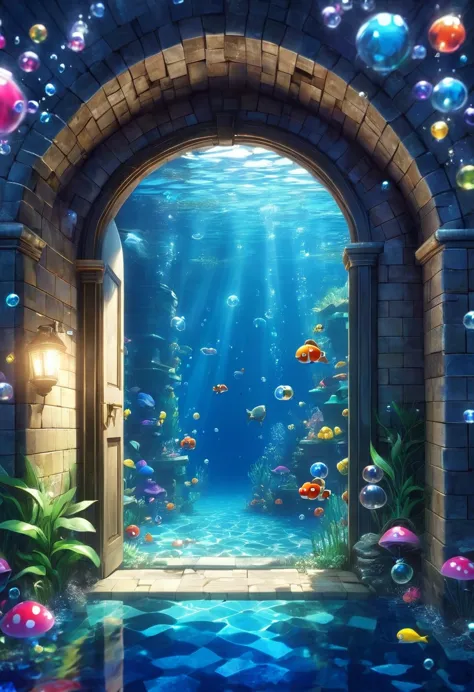 Underwaterに続く、幻想的なUnderground Passage。In the clear water、bubbleがキラキラと輝きながら上昇していく。On the floor、水色のBrickが敷き詰められ、On the wall、海の生き物た...