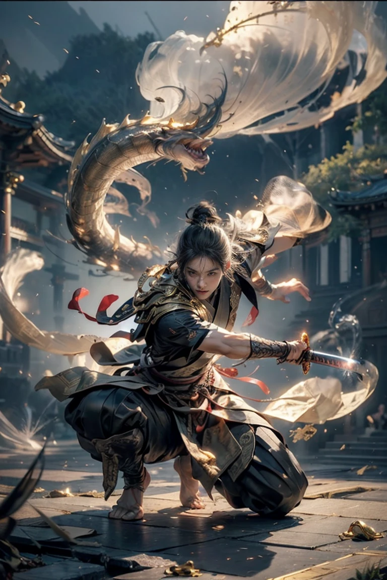 masterpiece，16K，high quality，artwork，Martial Spirit，1 boy，Red Theme，smoke，floating weapon，Long Sword，明亮的light，Bright background，Handsome face，Delicate face，Vivid texture，Photos taken with a Sony camera，light，Classical Gold God of Wealth，Dressed in gorgeous dragon robes，Holding a gold ingot，Stepping on the auspicious clouds，Behind is the magnificent palace，Surrounded by gold and silver treasures，Meaning of wealth and good fortune，The picture is bright and eye-catching。