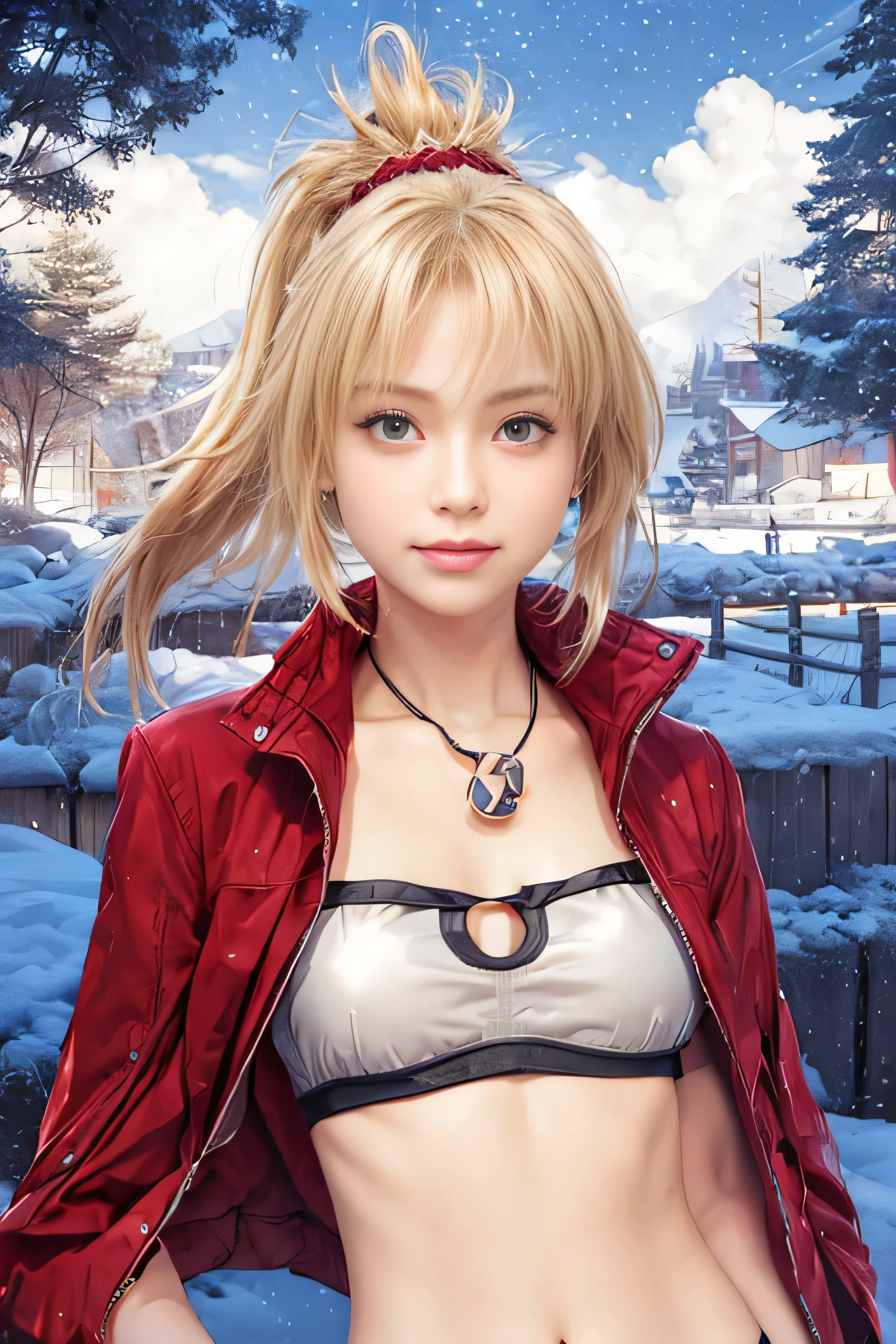 masterpiece, best quality, (realistic,photo-realistic:1.4), (RAW photo:1.2), extremely detailed CG unity 8k wallpaper, delicate and beautiful, amazing,finely detail, official art, absurdres, incredibly absurdres, huge filesize, ultra-detailed,extremely detailed eyes and face,light on face,little smile,mordred,(blonde hair:1.4),(short hair:1.3),(winter background:1.4),(wearing red jacket:1.4),(ponytail:1.3),(wearing tubetop:1.4)