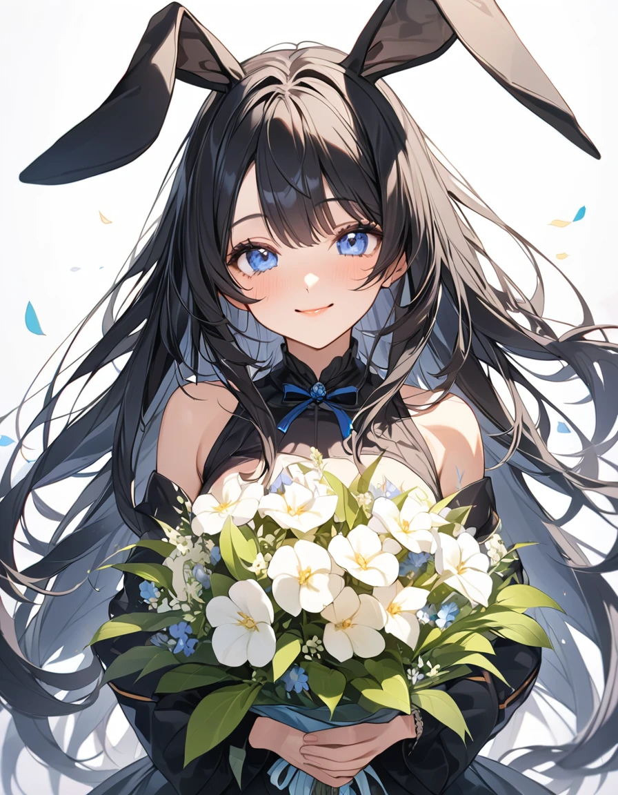 (Highest qualityのイラスト、Simple white background:1.2), (pretty girl:1.1), (1 girl、17 years old、), (1 girl、Kind eyes、blue eyes)、Black Hair、Semi-long hair、bangs、(Highest quality、Very detailed、Ultra-high resolution) 、Black Hairの美少女、smile、Bunny girl、Bunny ears、Black leotard、Larger breasts、holding a big bouquet、Upper Body
