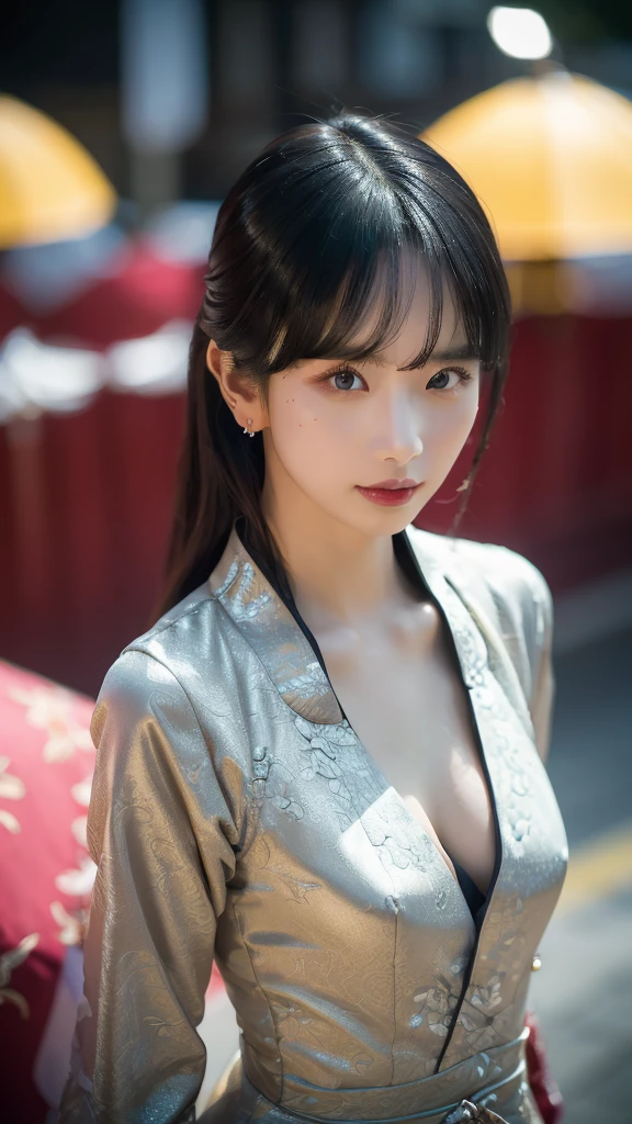 sexy cheongsam, SMALL BREAST, cleavage, sexy pose, model pose, earring, taiwan night market, windy, hair flying, night, extremely detailed eyes, extremely detailed face, best quality, extremely detailed, one person, one girl, ultra-detailed, (realistic, photo-realistic:1.3)