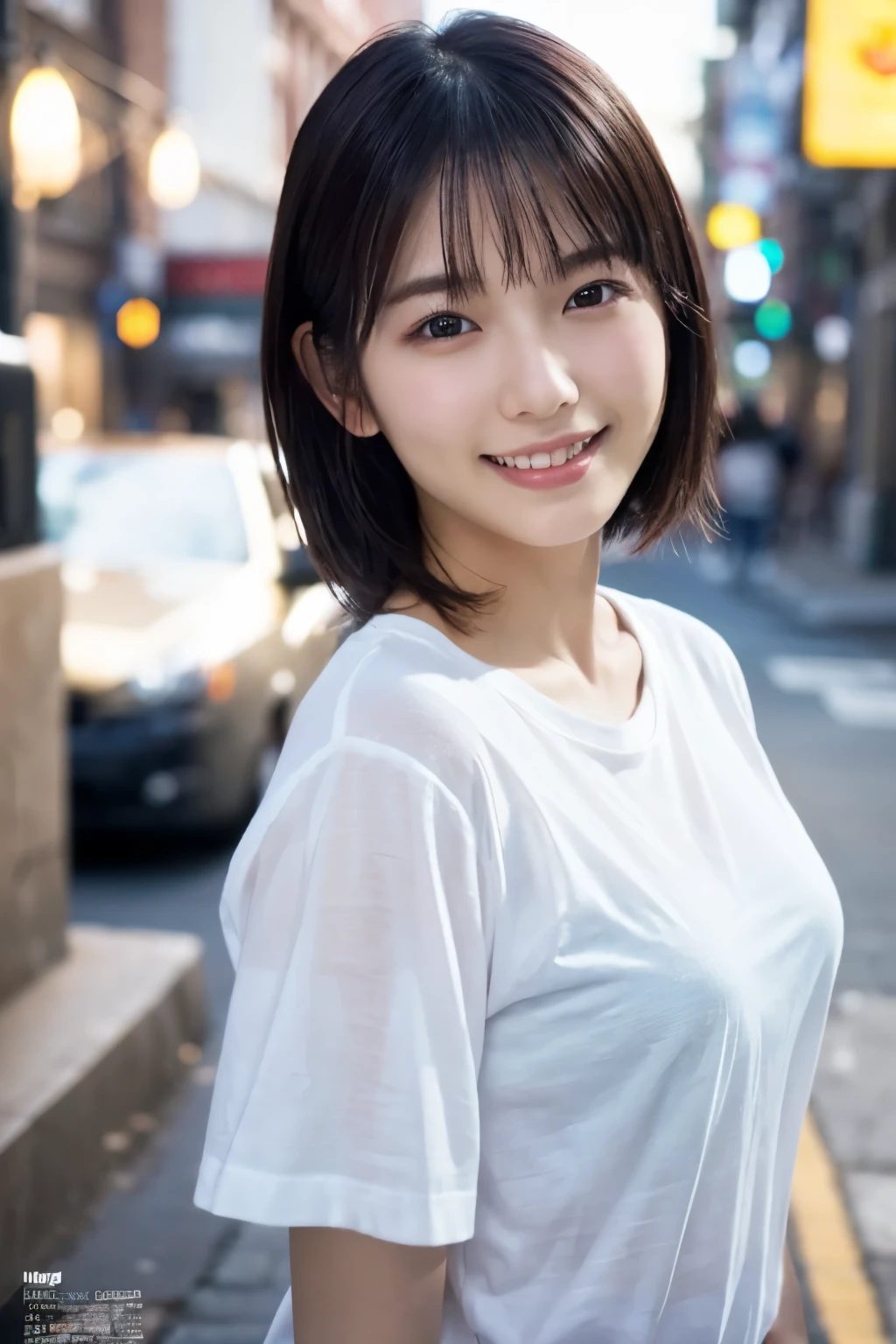 1 Girl, (Wearing a white T-shirt:1.2), Very beautiful Japanese idol portraits, 
(RAW Photos, Highest quality), (Realistic, Realistic:1.4), (masterpiece), 
Very delicate and beautiful, Very detailed, 2k wallpaper, wonderful, finely, Very detailed CG Unity 8K wallpaper, Very detailed, High resolution, Soft Light, 
Beautiful detailed girl, Very detailed目と顔, Beautiful and sophisticated nose, Beautiful and beautiful eyes, Cinema Lighting, 
(Fashion magazine photography:1.3), (Outdoor), (Downtown lights), 
(short hair), 
Complete Anatomy, Slender body, Small breasts, smile