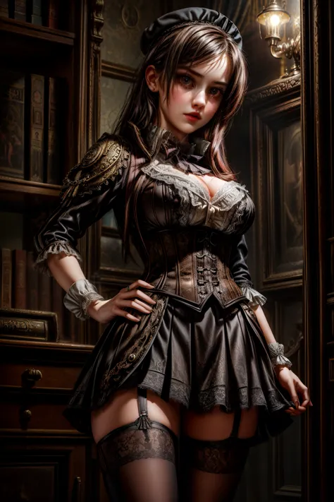 a rebellious 18 year old girl in a steampunk style, wearing a mini skirt, lace top and stockings, detailed face and eyes, high q...