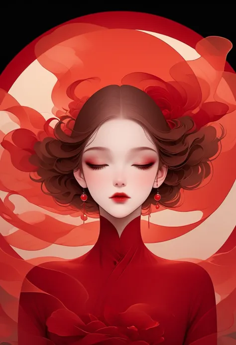 (masterpiece, best quality:1.2), 1 girl, Solitary,Pretty Face，Red Lipoism Art Nouveau，Illustration style，Black and red