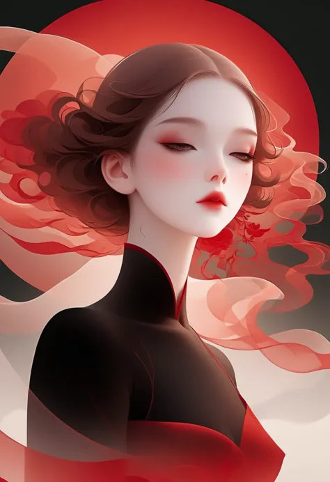 (masterpiece, best quality:1.2), 1 girl, Solitary,Pretty Face，Red Lipoism Art Nouveau，Illustration style，Black and red